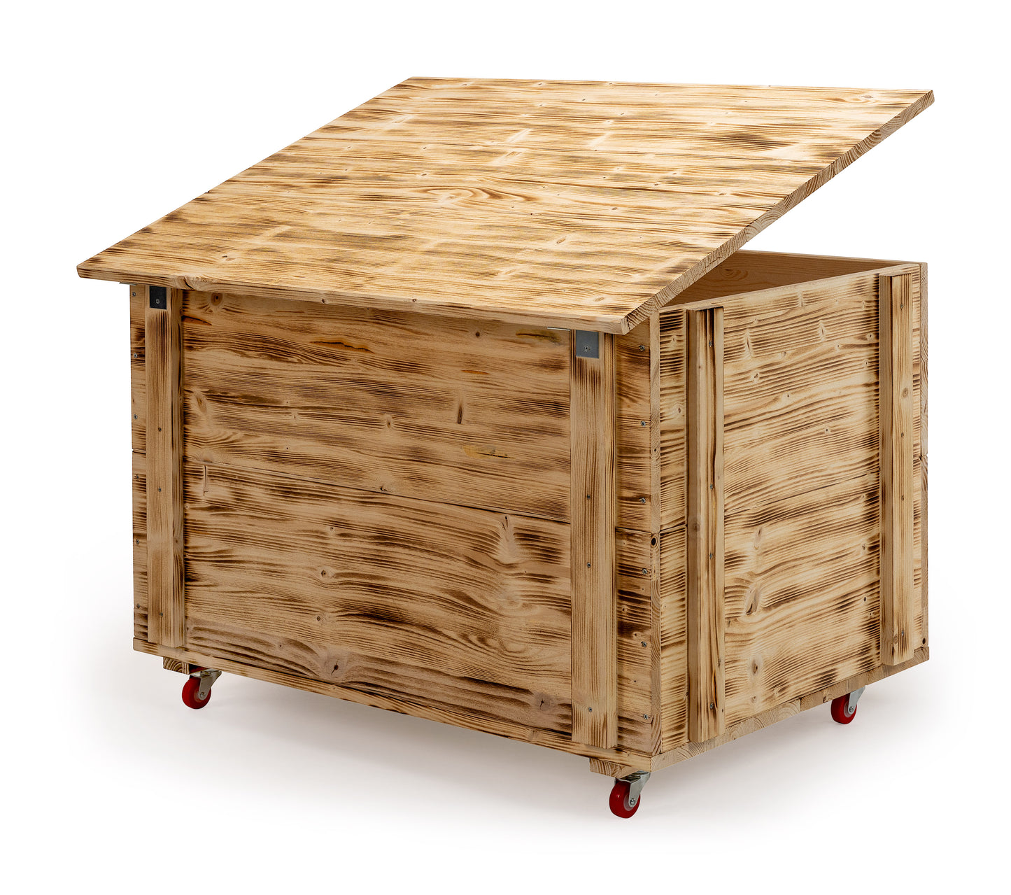 Massive Holzkiste edel geflammt für Kaminholz Brennholzkiste Spielzeugkiste Aufbewahrungskiste Holzbox mit Rädern Holztruhe Truhe