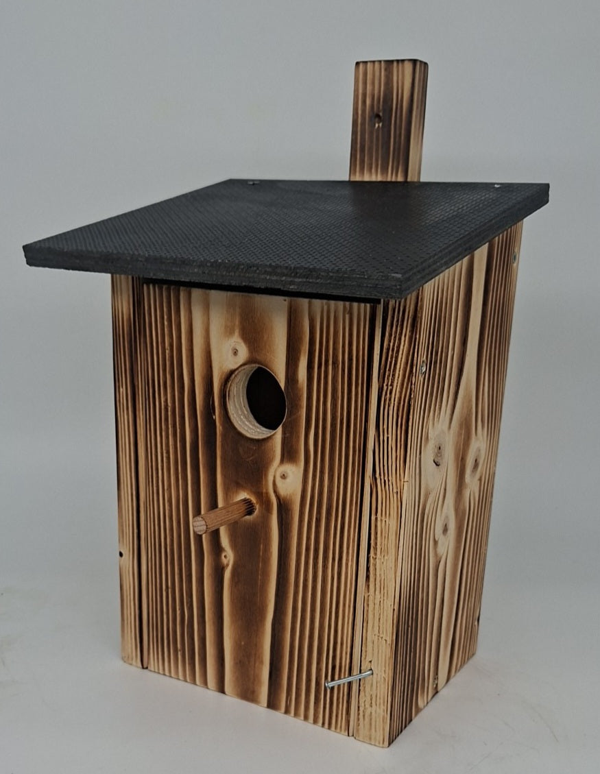 Nesting box nesting cave for birds bird house nesting box for hanging brood cavity with entry hole 35mm to 28mm reduced noble flamed (N2G)